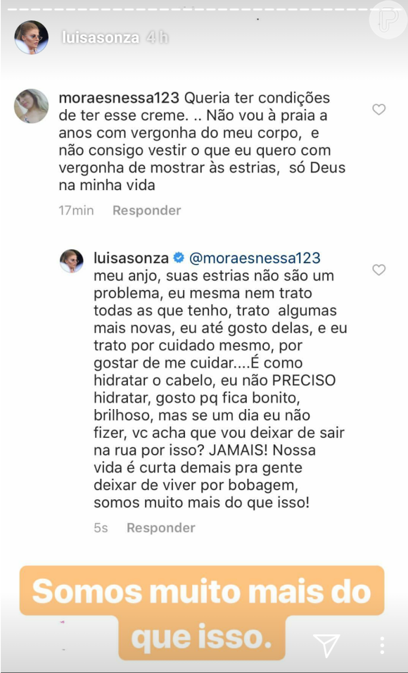Luísa Sonza rejeitou preocupação com estrias ao responder fã na web