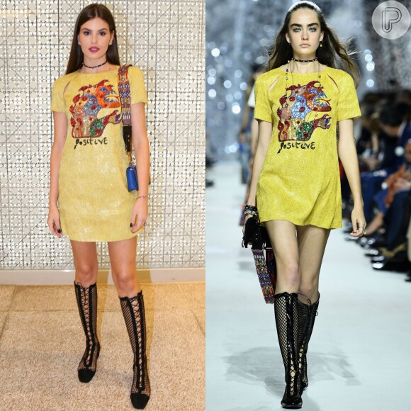 Camila Queiroz aposta em bota de tela e vestido amarelo em evento da Dior nesta quinta-feira, dia 22 de março de 2018
