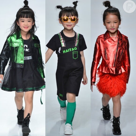 Crianças deram show de fofura e estilo no desfile da marca Sunhaitao, na Mercedes-Benz China Fashion Week, em Pequim, em 30 de março de 2018