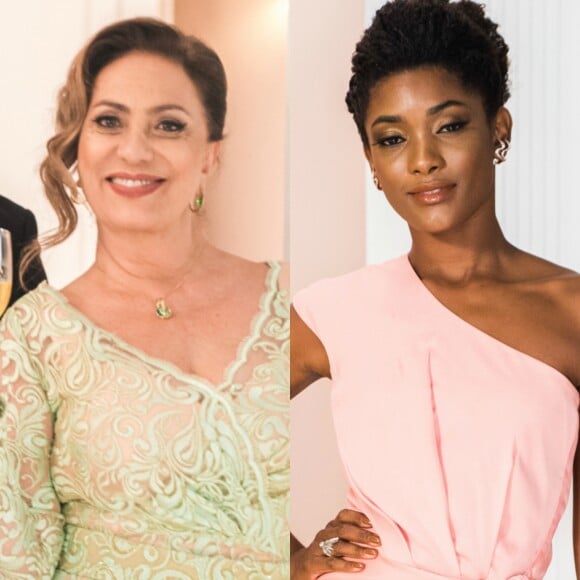 Nádia (Eliane Giardini) presenteia Raquel (Erika Januza) com o vestido de noiva que a juíza irá usar em seu casamento com Bruno (Caio Paduan), na novela 'O Outro Lado Paraíso'