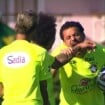 Fred brinca de morder Marcelo durante treino da Seleção Brasileira, no Rio