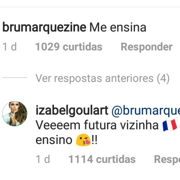 Bruna Marquezine é chamada de 'vizinha' por Izabel Goulart no Instagram