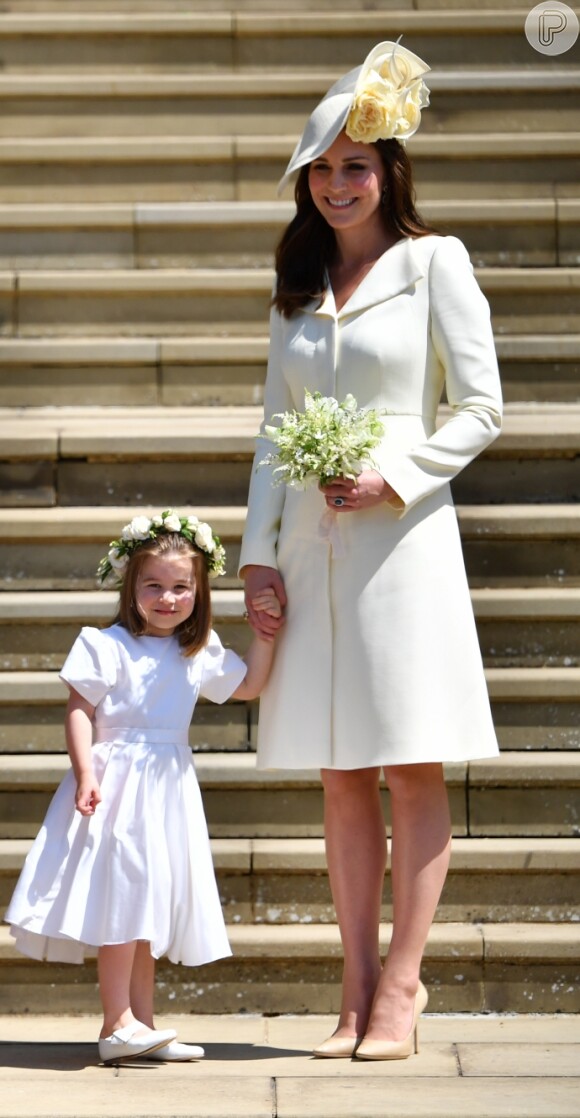Kate Middleton usa vestido-casaco Alexander McQueen pela quarta vez, no casamento do príncipe Harry com Meghan Markle, em 19 de maio de 2018