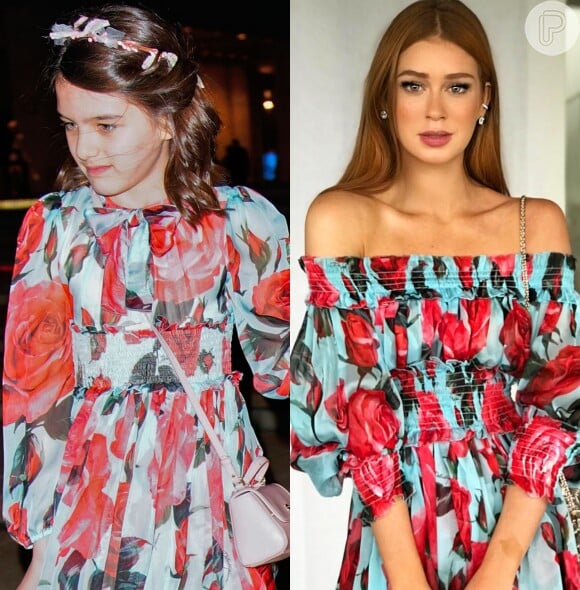 A estampa do vestido de Suri Cruise é a mesma do look Dolce & Gabbana usado pela atriz Marina Ruy Barbosa no bar-mitzvá de Joaquim Huck, filho de Angélica e Luciano Huck, no último sábado, 19 de maio de 2018