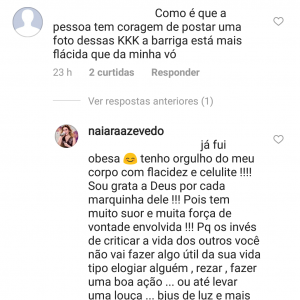 Naiara Azevedo reprovou crítica ao exibir foto de barriga na academia