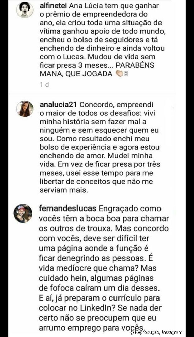 Lucas e a noiva, Ana Lúcia Vilela, rebatem comentário sobre fim de noivado na web