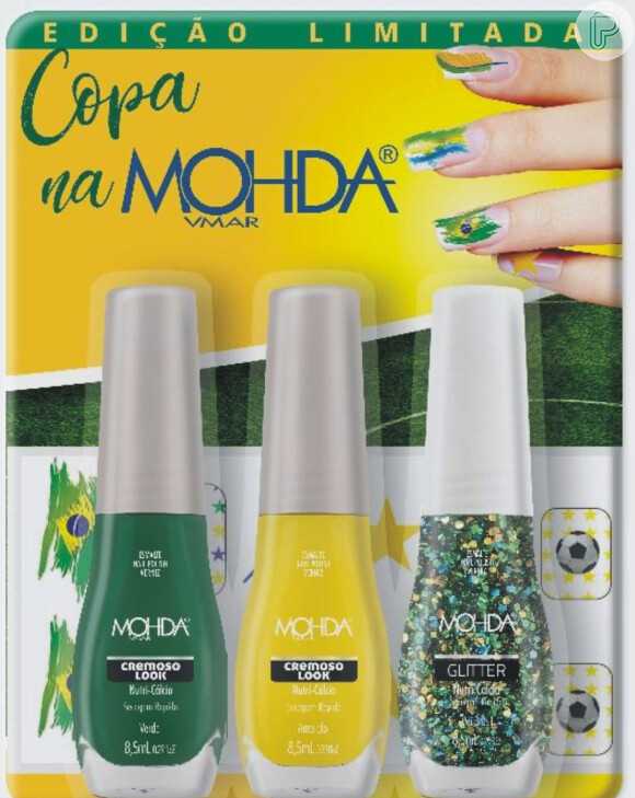 Quer levar as cores do bandeira brasileira para as unhas? A Mohda Cosméticos lançou um kit com três esmaltes – verde, amarelo e glitter – e uma cartela de tatuagens, com preço médio de R$ 12