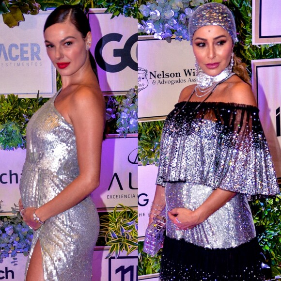 Isis Valverde e Sabrina Sato, grávidas, apostaram no prateado no leilão beneficente do Instituto Neymar Jr., em São Paulo, nesta quinta-feira, 19 de julho de 2018