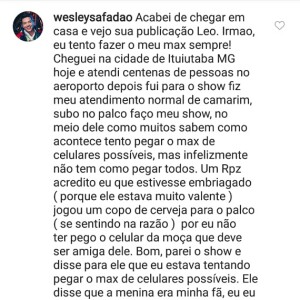 Wesley Safadão deu a sua versão da briga em um comentário no perfil do colunista Leo Dias no Instagram