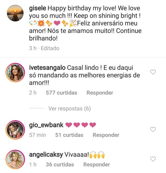 Ivete Sangalo, Giovanna Ewbank e Angélica parabenizaram Tom Brady, marido de Gisele Bündchen, em homenagem de aniversário publicada no Instagram da modelo