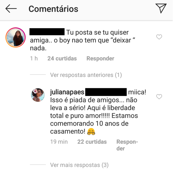 Juliana Paes esclareceu a brincadeira feita com o marido a uma internauta