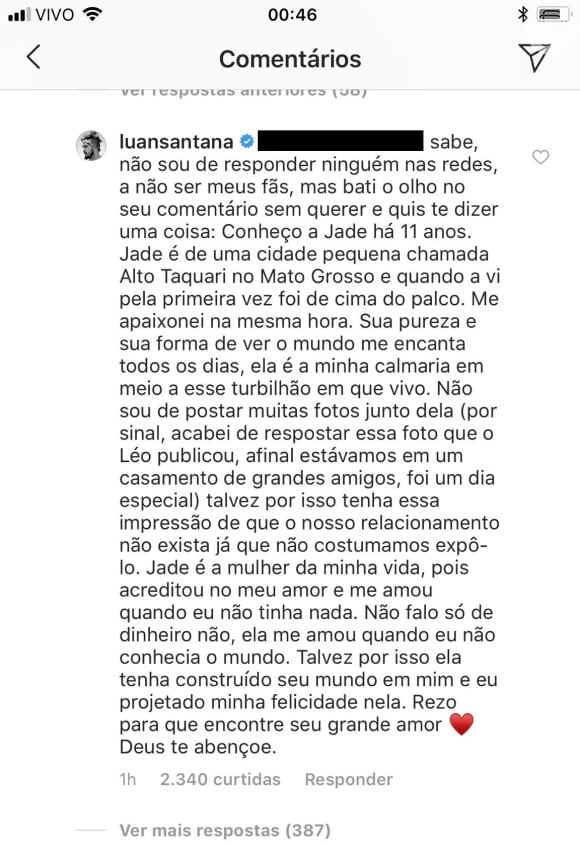 Luan Santana respondeu o internauta e exaltou o namoro com Jade Magalhães no Instagram