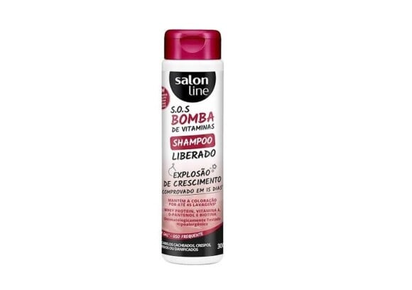 O shampoo S.O.S Bomba da Salon Line tem Vitamina A, Óleo de Rícino, D-Pantenol e Whey Protein, que ajudam no crescimento de cabelos fracos e garantem a restauração dos fios