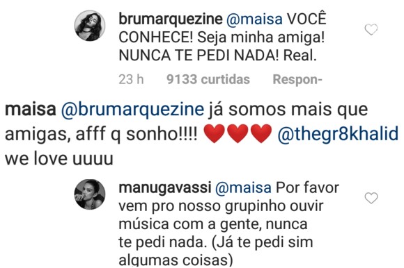 Bruna Marquezine manda mensagem para Maisa Silva e artista responde empolgada