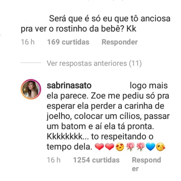 Sabrina Sato responde fã sobre gravidez