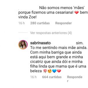 Sabrina Sato responde fã sobre parto da filha, Zoe