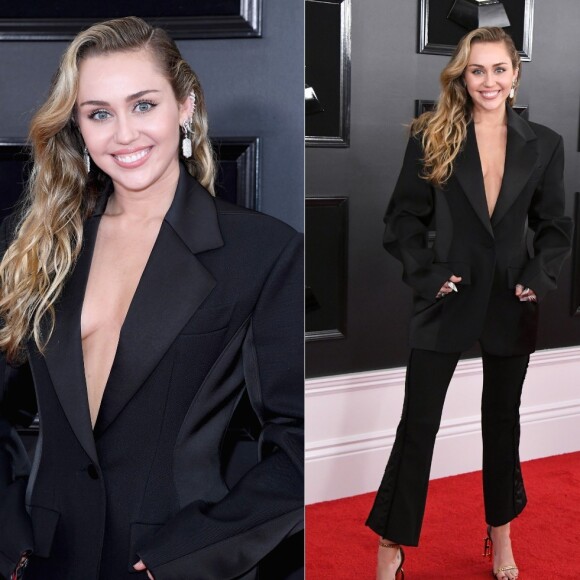 Com look preto e decotado, Miley Cyrus atrai atenção dos fotógrafos ao chegar no Grammy 2019