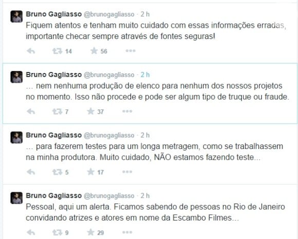 Bruno Gagliasso postou em seu Twitter, nesta terça-feira, 7 de outubro de 2014, um alerta sobre possíveis golpes em nome da Escambo Filmes