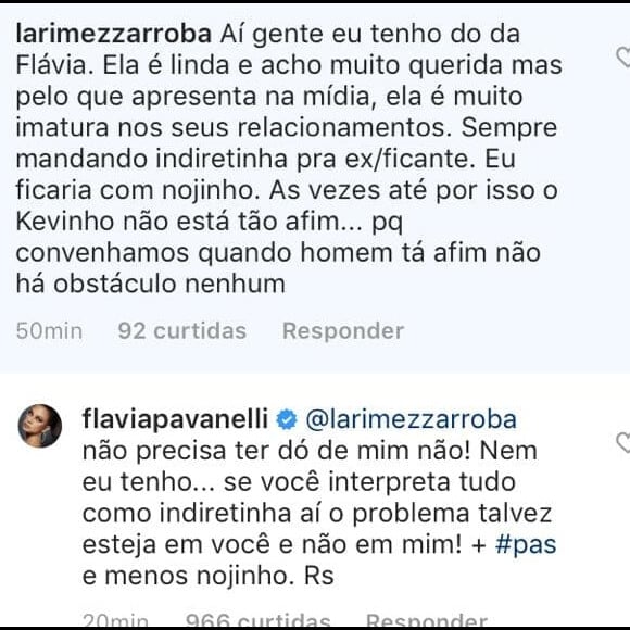 Flávia Pavanelli rebate comentário de seguidora