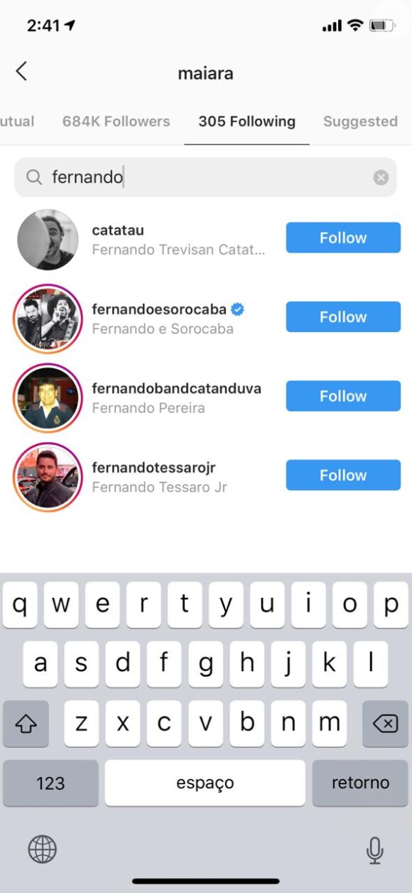 Maiara deixa de seguir Fernando Zor no Instagram, nesta segunda-feira, dia 29 de julho de 2019