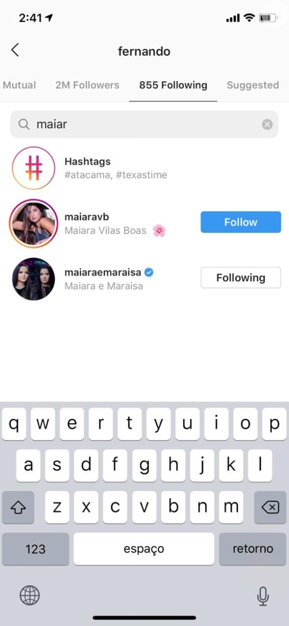 Fernando Zor dá unfollow em Maiara no Instagram, nesta segunda-feira, dia 29 de julho de 2019