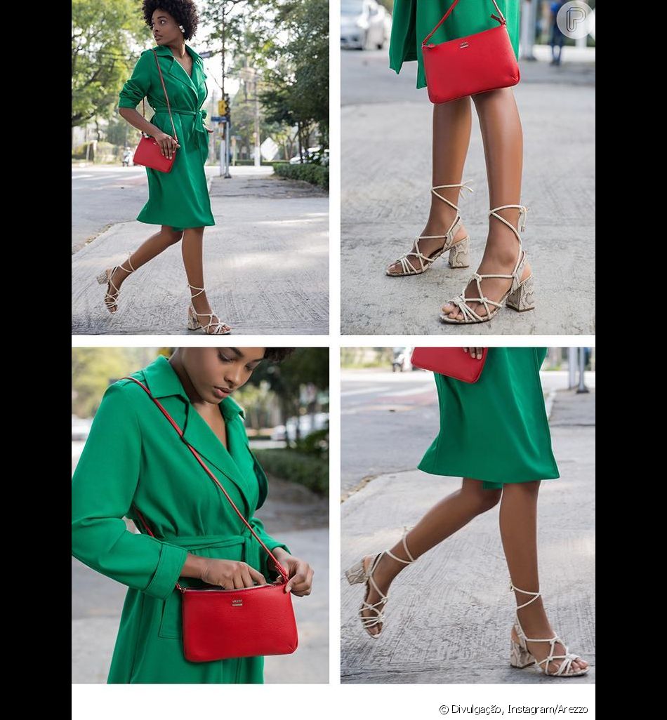 vestido verde com sandalia vermelha