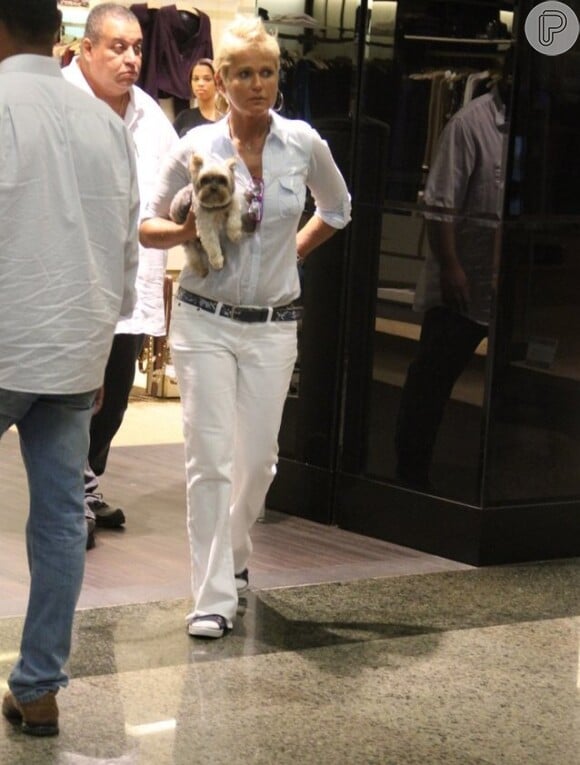 Xuxa passeia em shopping com o cachorro Dudu, da raça yorkshire