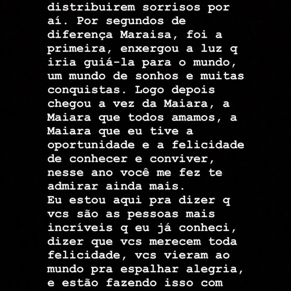 Veja texto de Fernando Zor para Maiara e Maraisa em aniversário nesta terça-feira, dia 31 de dezembro de 2019