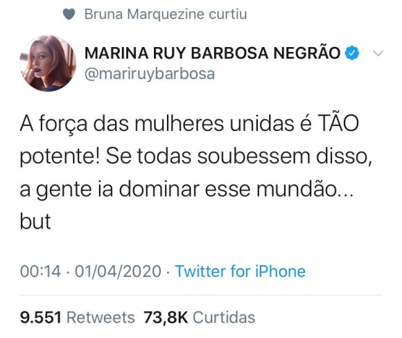 Marina Ruy Barbosa ganha like de Bruna Marquezine em post sobre sororidade