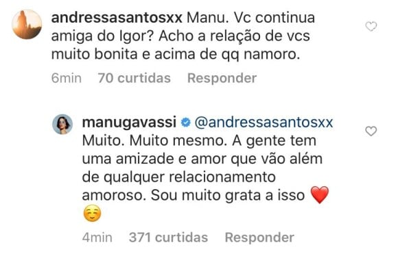 Manu Gavassi mantém boa relação com Igor Carvalho após término de namoro