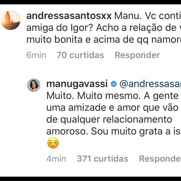 Manu Gavassi mantém boa relação com Igor Carvalho após término de namoro