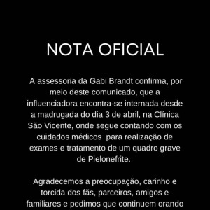 Gabi Brandt encontra-se internada em hospital no Rio de Janeiro desde a madrugada do dia 3 de abril