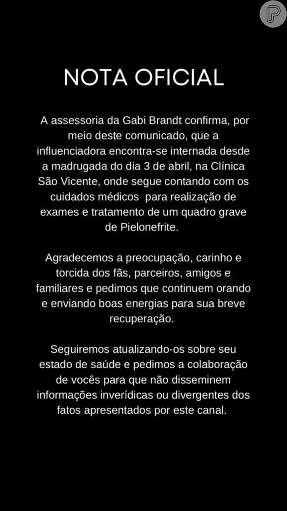 Gabi Brandt encontra-se internada em hospital no Rio de Janeiro desde a madrugada do dia 3 de abril