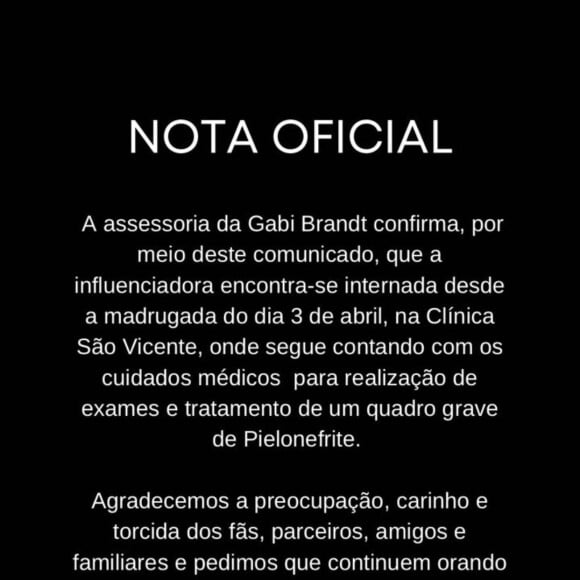 Gabi Brandt encontra-se internada em hospital no Rio de Janeiro desde a madrugada do dia 3 de abril