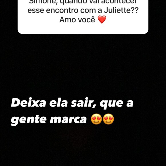 Simone promete encontro com Juliete fora do 'BBB 21': 'Deixa ela sair'