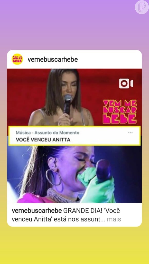 Anitta comemora inserção de funk no Grammy Latino ao repostar stories do Instagram parabenizando cantora
