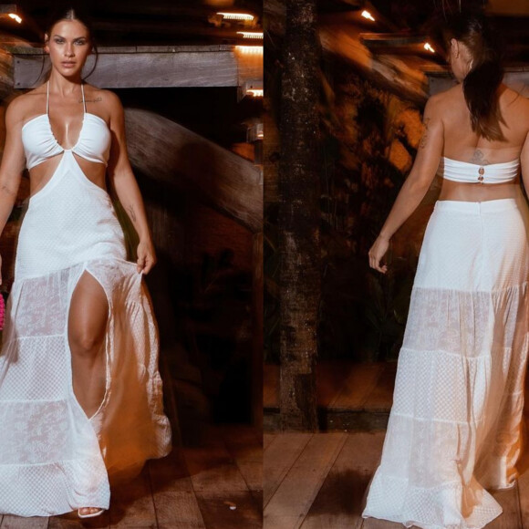 Vestido branco de Andressa Suita em detalhes frente e verso: cintura e costas vazadas, decote e fendas deixam o look fresquinho para os dias quentes