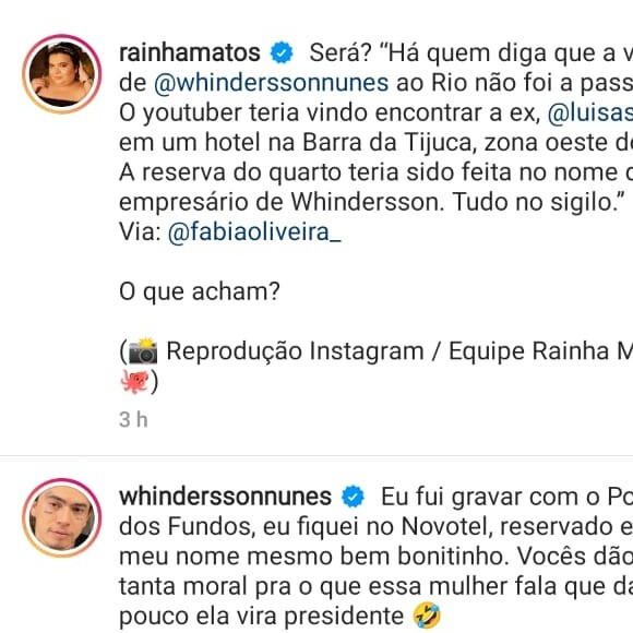 Whindersson Nunes se pronunciou sobre suposto encontro às escondidas com ex Luísa Sonza