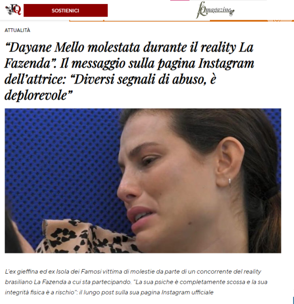 Manchetes italianas repercutem assédio sofrido por Dayane Mello em 'A Fazenda 13'