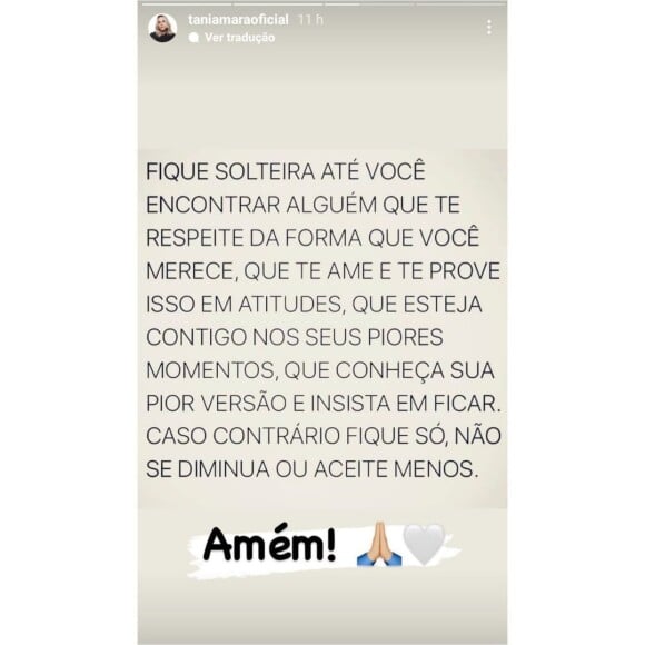 Tânia Mara fez postagens reflexivas antes de dar unfollow em Tiago Piquilo nesta segunda (01): 'Não se diminua ou aceite menos'