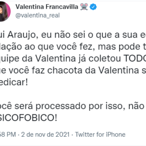 Equipe de Valentina Francavilla vai processar Gui Araújo