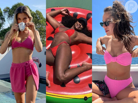 Os modelos de biquíni de Flávia Vianna, Cris Viana e Priscilla Alcântara eram em tons de rosa e vermelho