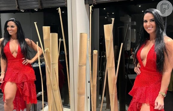 Graciele Lacerda elegeu um vestido vermelho bem decotado para foto publicada nas redes sociais