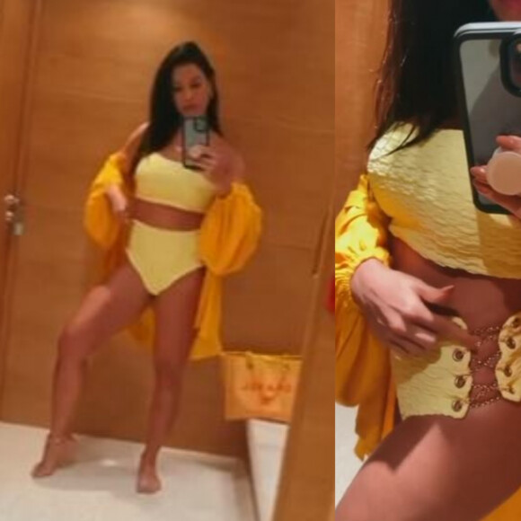 Andressa Suita escolheu look de moda praia moderno: calcinha e top de biquíni tem detalhes com correntes