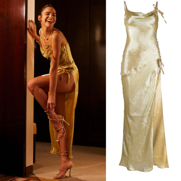 Vestido dourado usado por Bruna Marquezine é da marca Alessandra Rich