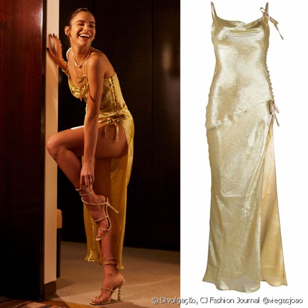 Vestido dourado usado por Bruna Marquezine é da marca Alessandra Rich