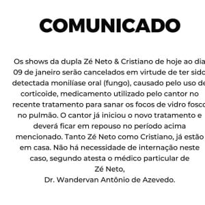 A assessoria de Zé Neto & Cristiano informou que o sertanejo está com um fungo causado pelo uso de corticoides