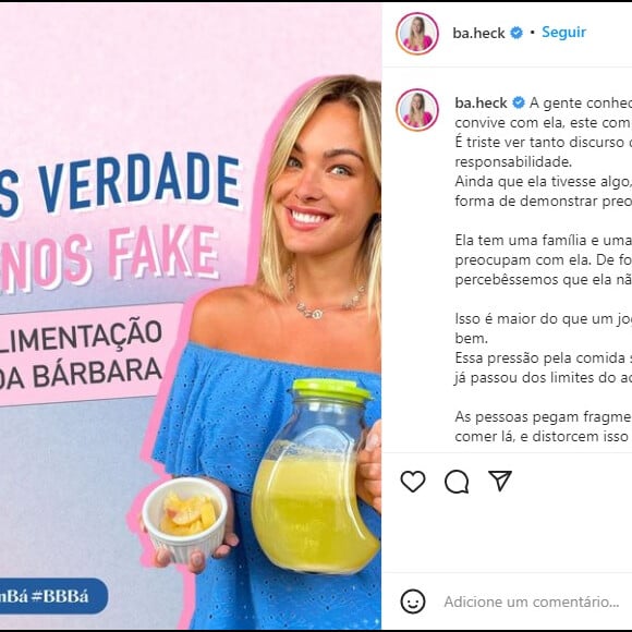 'BBB 22': Equipe de Bárbara Heck falou sobre alimentação da modelo