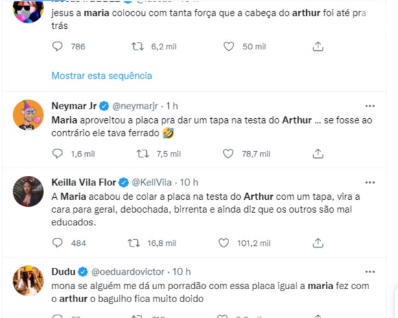 Neymar e outros famosos comentaram o momento do 'tapa' de Maria na cabeça de Arthur no 'BBB 22'