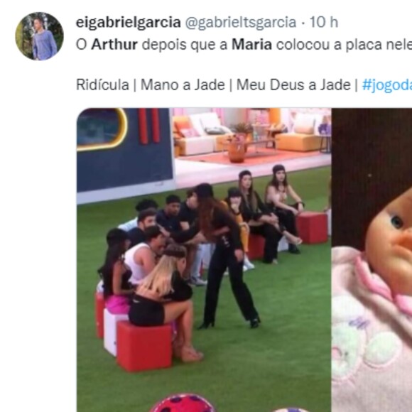 Fãs do 'BBB 22' foram à web reclamar sobre 'agressão' de Maria em Arthur Aguiar, no momento em que colocou a placa de 'Jogo sujo' na cabeça do ator